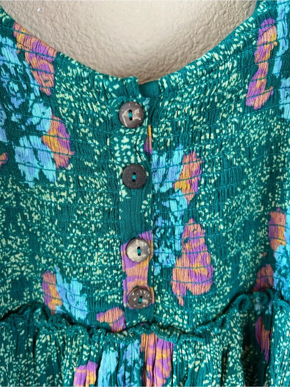 Free People Smocked Printed Picnic Mini Dress Green
